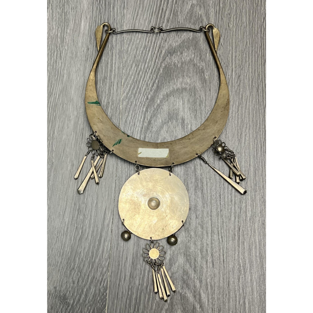 Tribal Boho Collar Statement Necklace Engraved Birds Medallion Dangles Bells - Picture 10 of 16